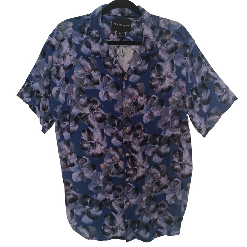 Christian Lacroix Floral Button Down Shirt Womens XL Blue Rayon Camp Collar